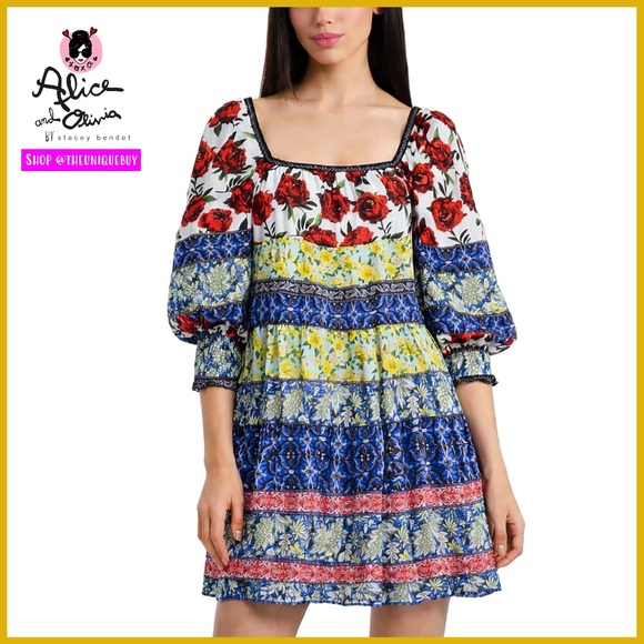 Alice + Olivia Rowen Floral Tiered Square Neck Mini Cocktail Dress
